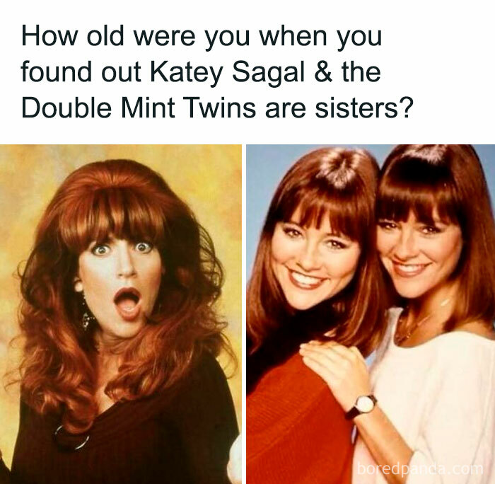 Surprised woman and sisters Katey Sagal and Double Mint Twins featured in 80s celebration IG posts.