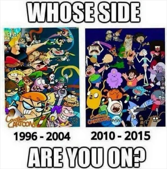 Nostalgic cartoons from 1996-2004 and 2010-2015 side by side, highlighting memories from different eras.