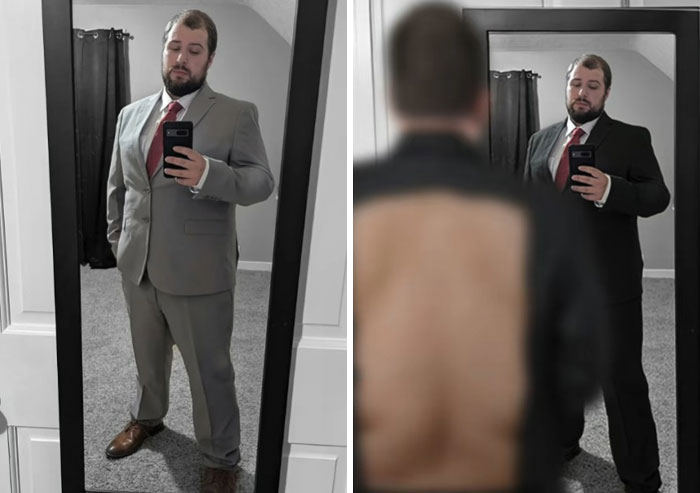 Man taking mirror selfie in two edited photos showing hilarious Photoshop edits with literal interpretations.