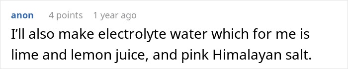 Comment mentioning making electrolyte water with lime, lemon juice, and pink Himalayan salt as a natural remedy.
