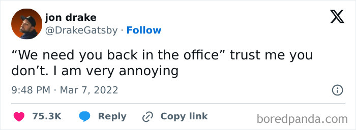 A humorous tweet from Jon Drake about not wanting to go back to the office, featured in hilariously random posts.