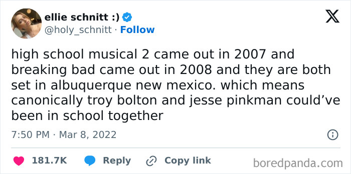 Funny social media post connecting High School Musical 2 and Breaking Bad in a hilariously random way.