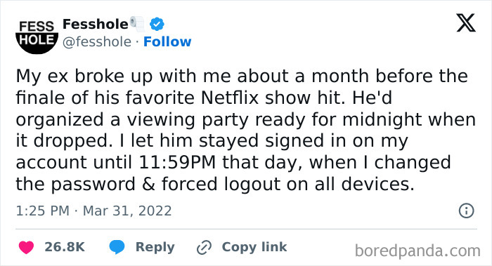 Screenshot of a tweet showing a breakup story where a Netflix account was forcefully logged out before a show's finale.