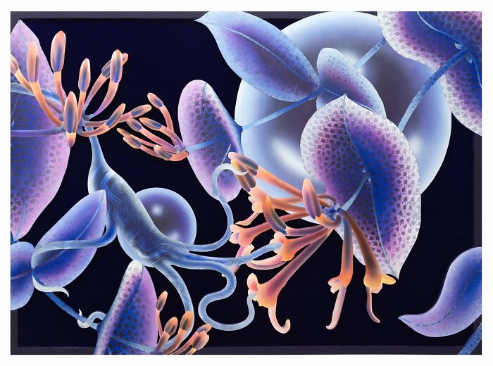 Surreal glowing garden artwork featuring vibrant purple and orange flowers in a parallel universe-inspired scene.