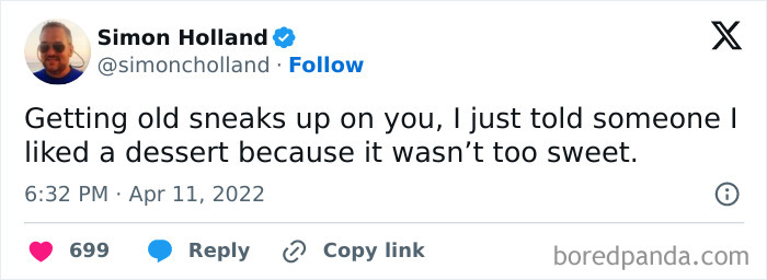 Funny social media post about aging and desserts from a collection of hilariously random posts to brighten your day.