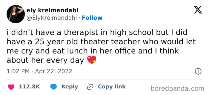 Screenshot of a tweet showing admiration for a caring theater teacher, highlighting teachers who love their students and profession.
