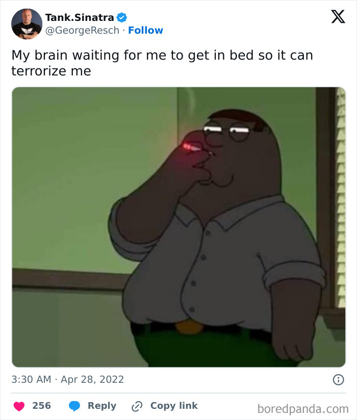 Cartoon character smoking with glowing red finger, representing brain causing stress during mental breakdown moments.