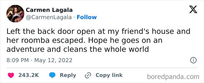 Tweet about a Roomba escaping for an adventure, part of funny random memes to make you giggle like a schoolgirl.