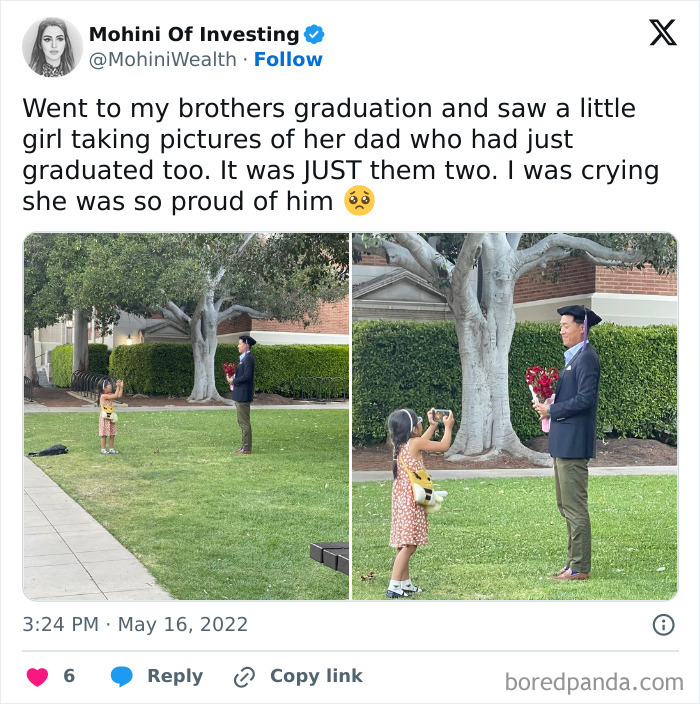 Little girl takes pictures of her dad at graduation, capturing a wholesome moment for unexpected wholesome memes.