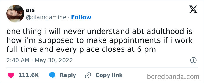 Tweet about the struggle of making appointments while working full time, a relatable meme with sarcasm.