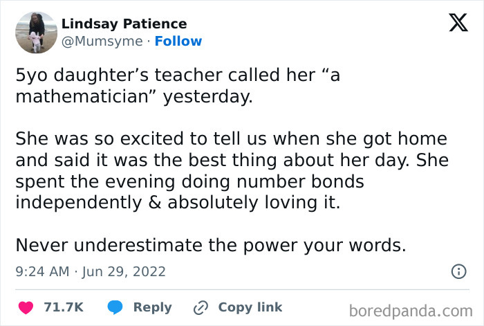 Tweet showing appreciation for a teacher’s positive impact, highlighting love for students and the teaching profession.