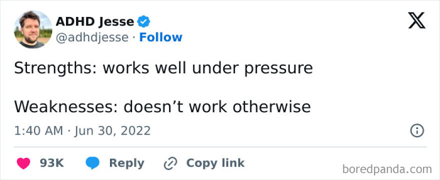 Tweet humor about strengths and weaknesses, part of funny memes for those near a full meltdown.