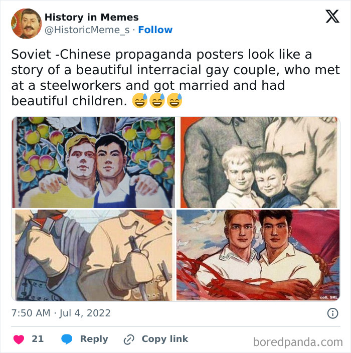 Soviet-Chinese propaganda posters humorously interpreted as an interracial gay couple story, fitting history memes theme.