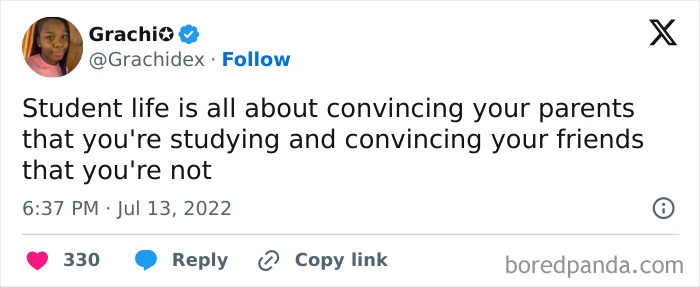 Tweet about student life humor, highlighting relatable struggles found in student memes online.