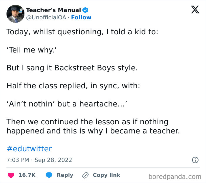 Tweet from a teacher showing love for students through humor and connection during a classroom lesson.