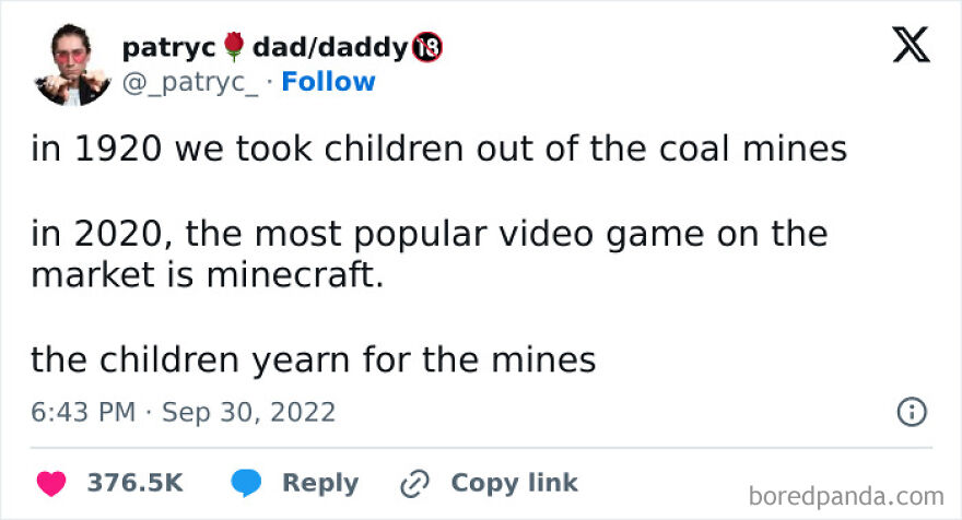 Tweet from a comedian comparing child labor in coal mines to the popularity of Minecraft, showcasing funny social commentary.