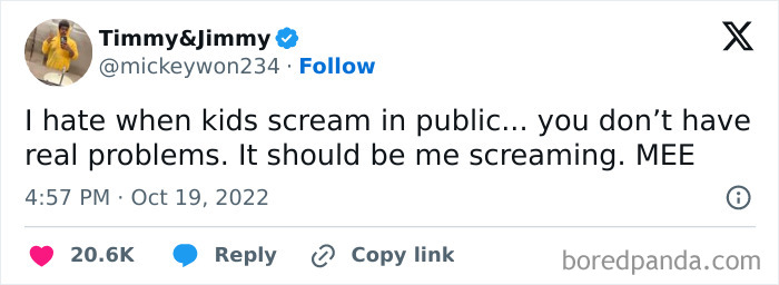 Tweet humor with relatable memes and sarcasm about kids screaming in public, highlighting everyday frustrations.