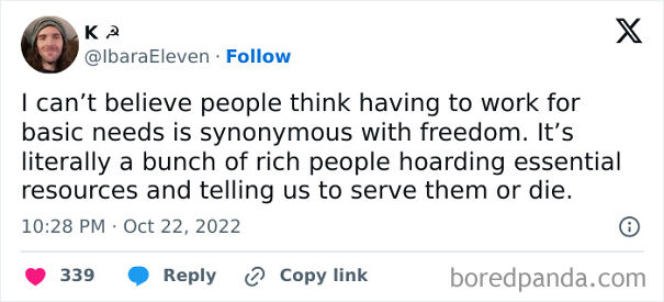 Tweet expressing frustration with capitalism, highlighting work for basic needs and wealth hoarding by rich people.