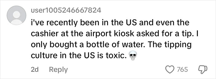 Screenshot of a social media comment criticizing the tipping culture in the US as toxic after visiting the country.