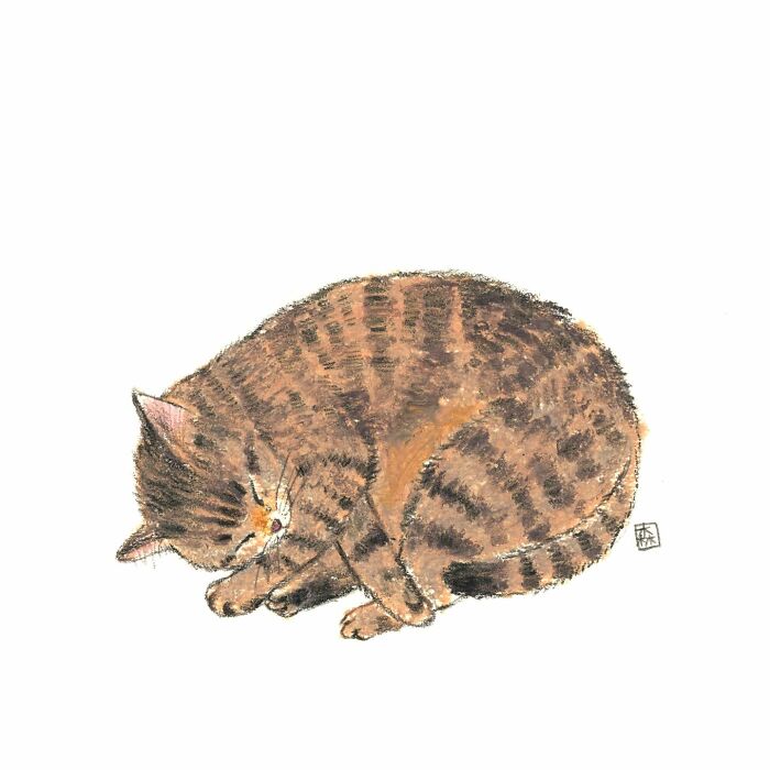 Adorable artwork of a sleeping tabby cat, created by a Korean artist, capturing charming details for cat lovers.