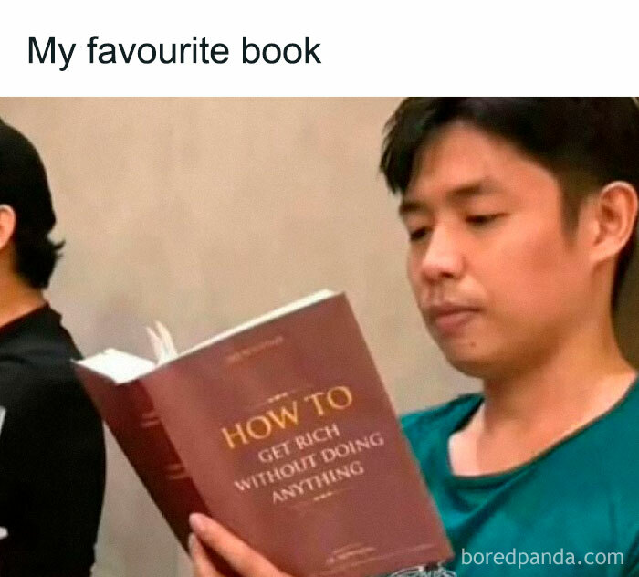 Man reading a humorous book titled how to get rich without doing anything in a hilarious memes Facebook page post.
