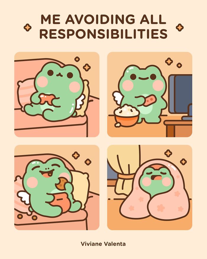 Cute frog illustrations showing food puns and relaxing moments, capturing relatable and adorable scenes by Viviane Valenta.