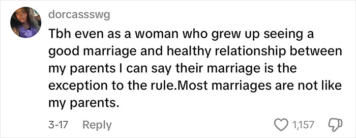 Comment from woman sharing perspective on healthy marriage and relationships, sparking viral discussion and massive praise online.