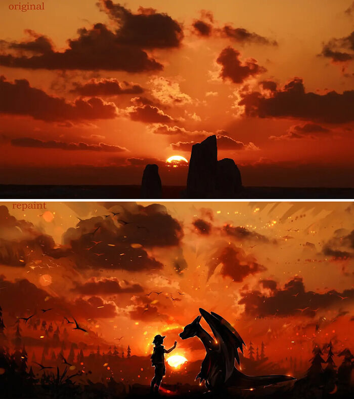 Original sunset photo transformed into a fantastical world by repainting, featuring a person and a dragon silhouette at sunset.