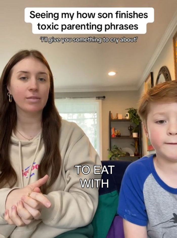 Woman and young boy sharing responses to toxic parenting phrases in a heartfelt video about healing from toxic parenting.