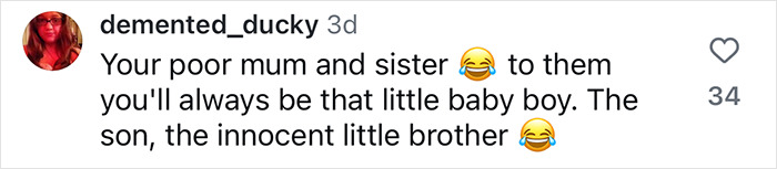 Screenshot of a social media comment reacting humorously to Robert Irving’s family response to his underwear shoot. Screenshot of a social media comment reacting humorously to Robert Irving’s family response to his underwear shoot.