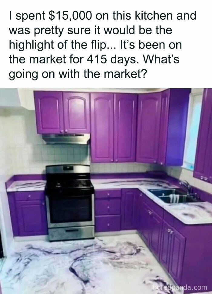 Kitchen with purple cabinets and marble-patterned floor, showcasing a rental property with bad landlords causing issues.