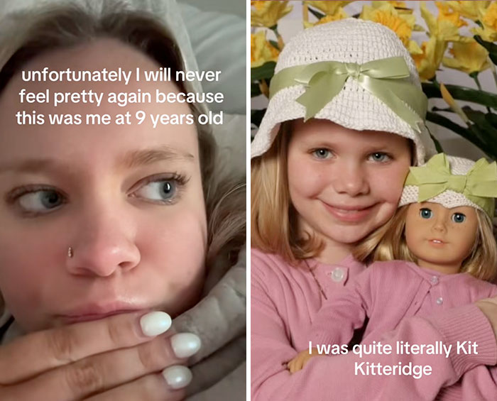 Woman reflecting on her childhood photo with a doll, illustrating the people-share-glow-downs trend.