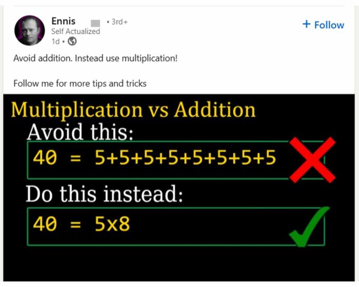Post showing an outrageous hot take claiming multiplication should replace addition with examples and symbols.