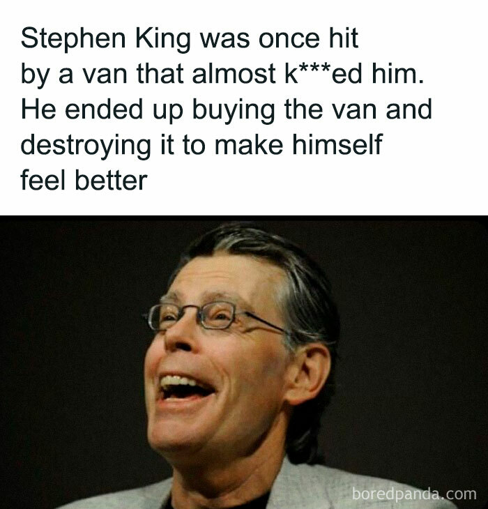 Stephen King smiling, with text about disturbing and unsettling events that actually happened involving a van accident.