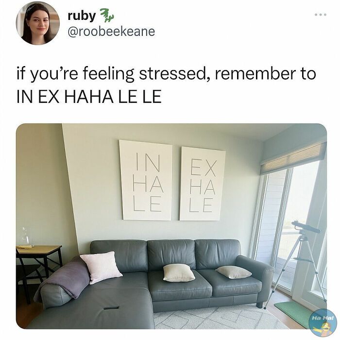 Tweet mocking posts with a joke about stress relief shown on a living room wall with inhale and exhale art prints.
