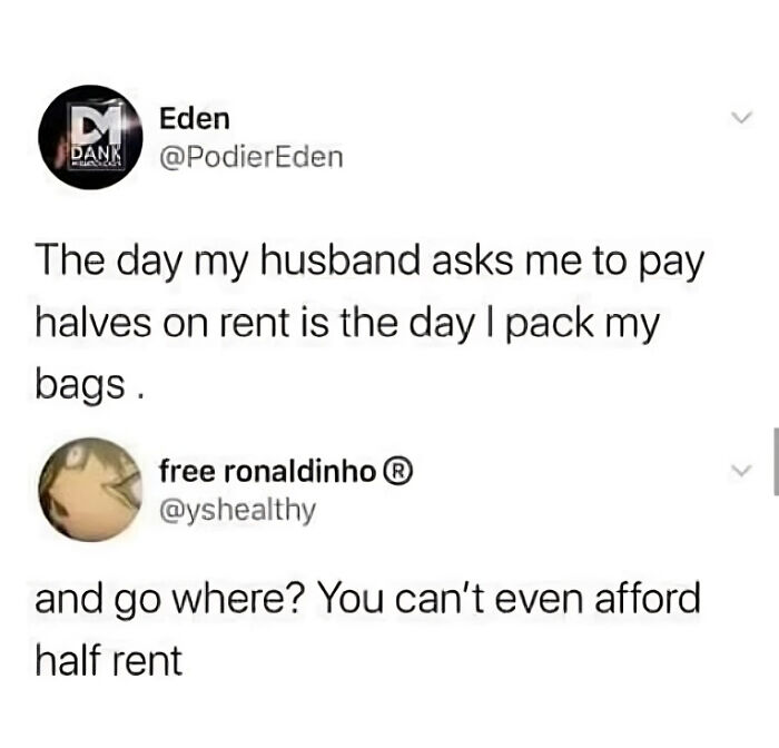 Social media meme conversation about paying rent, highlighting humor in sharing expenses and affordability in vegan memes.