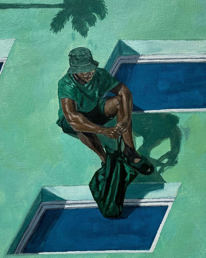 Painting showing a man in green clothing sitting near blue pools, illustrating colours, space, and identity through art.