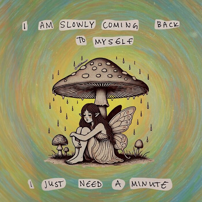 Fairy sitting under a mushroom with raindrops, expressing vulnerability in art therapy through detailed illustration.