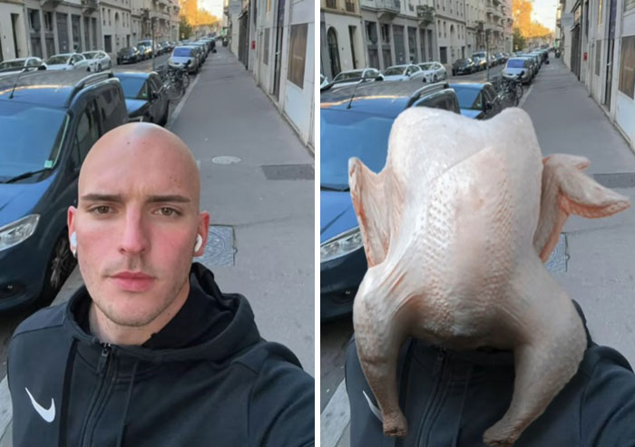 Before and after hilarious Photoshop edits showing a man’s head replaced with a raw chicken on a city street.