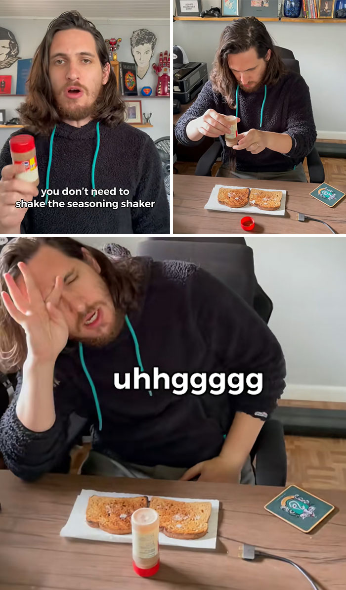 Man demonstrating seasoning shaker tip and reacting with surprise in a casual home setting, sharing useful life hacks.