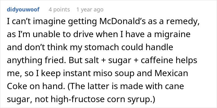 User comment about using diet Coke and fried food as a home remedy for migraine relief, mentioning caffeine and sugar benefits.