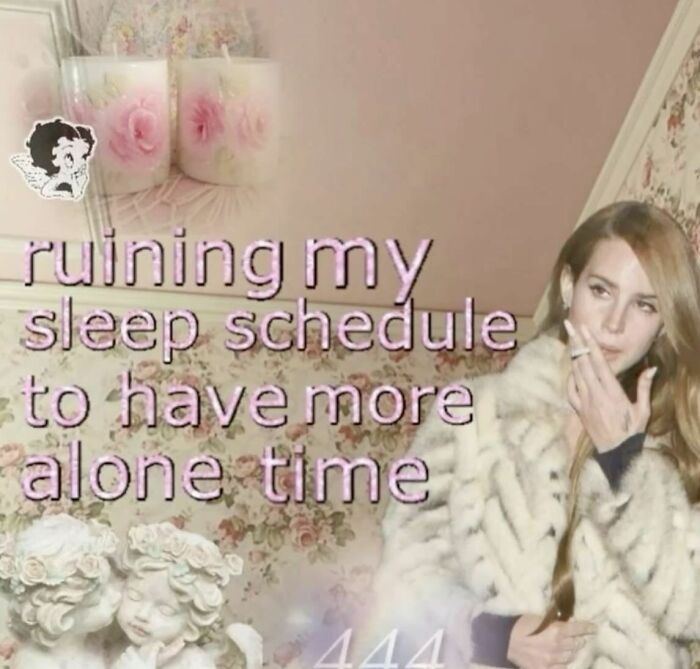 Woman in a fur coat with floral background and text about ruining sleep schedule for more alone time in a cute wholesome post.