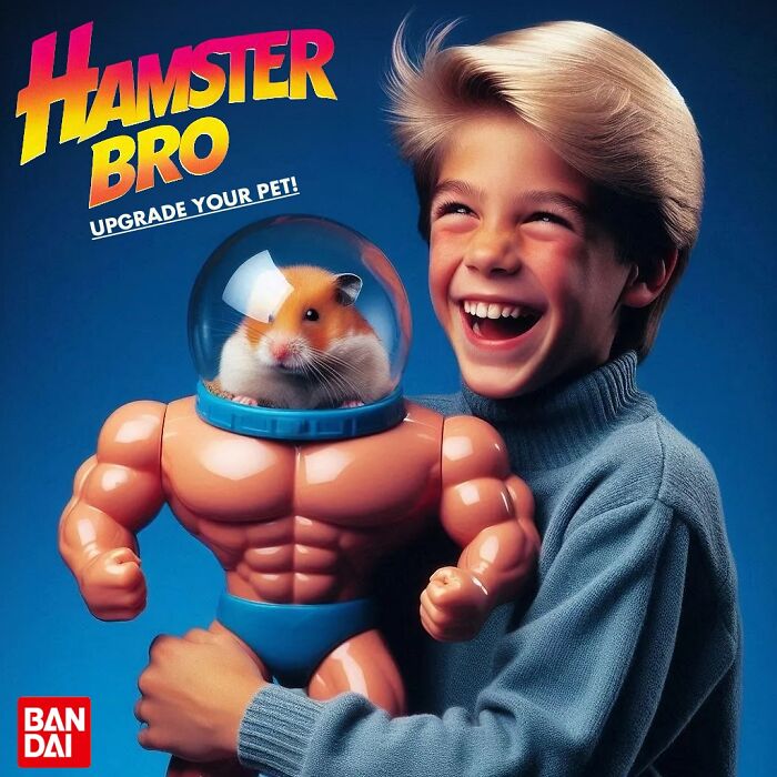Child holding a dark toy with a hamster in a muscular action figure body, showing bizarre and hilarious design.