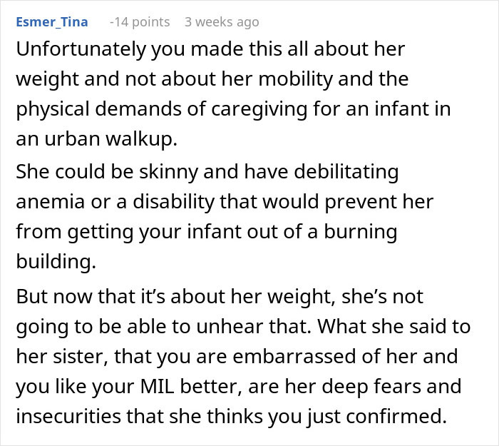 Comment discussing concerns about mobility versus weight in the woman who won&rsquo;t let obese mom babysit newborn.