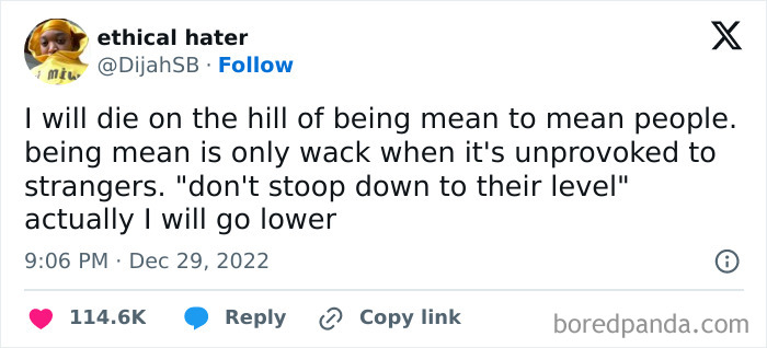 Tweet about standing firm on being mean to mean people, shown as part of relatable memes for days about avoiding responsibilities.