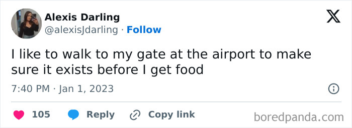 Social media post humorously reflecting human experience about airport gate checks and food plans.