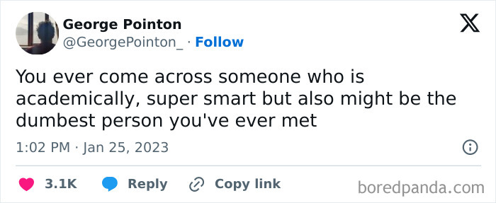 Twitter post by George Pointon joking about someone who is academically smart but also possibly the dumbest person ever, mocking posts jokes memes.
