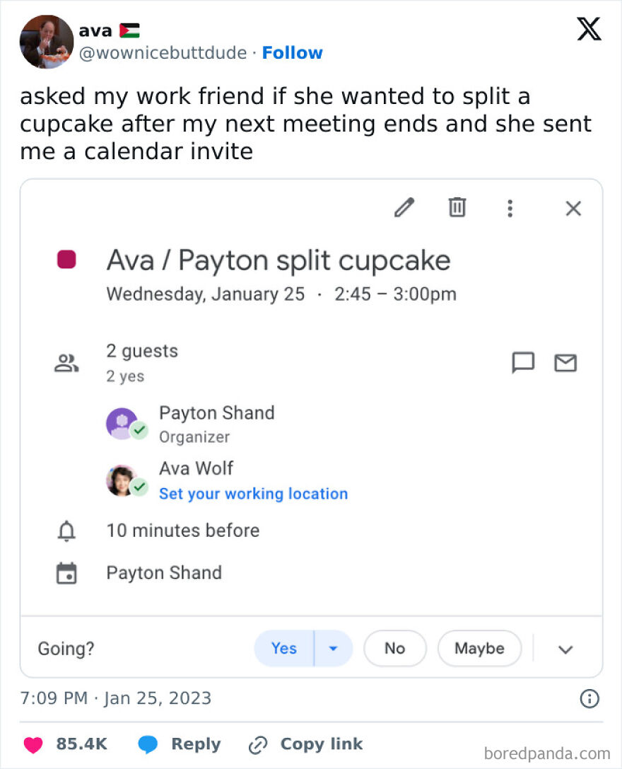 Twitter screenshot showing a humorous calendar invite to split a cupcake, perfect for funny memes about inconvenience meltdowns.