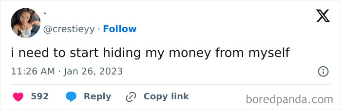 Tweet by Instagram meme creator about hiding money, reflecting millennial mindset humor on social media meme page.