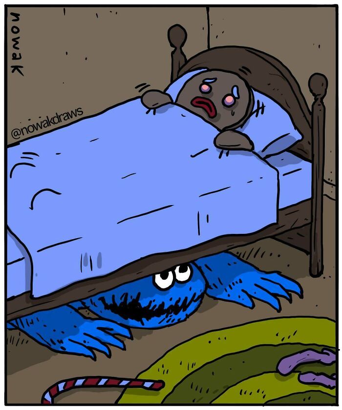 Comic by artist with peculiar sense of humor shows a scared person in bed with a large blue monster hiding underneath.